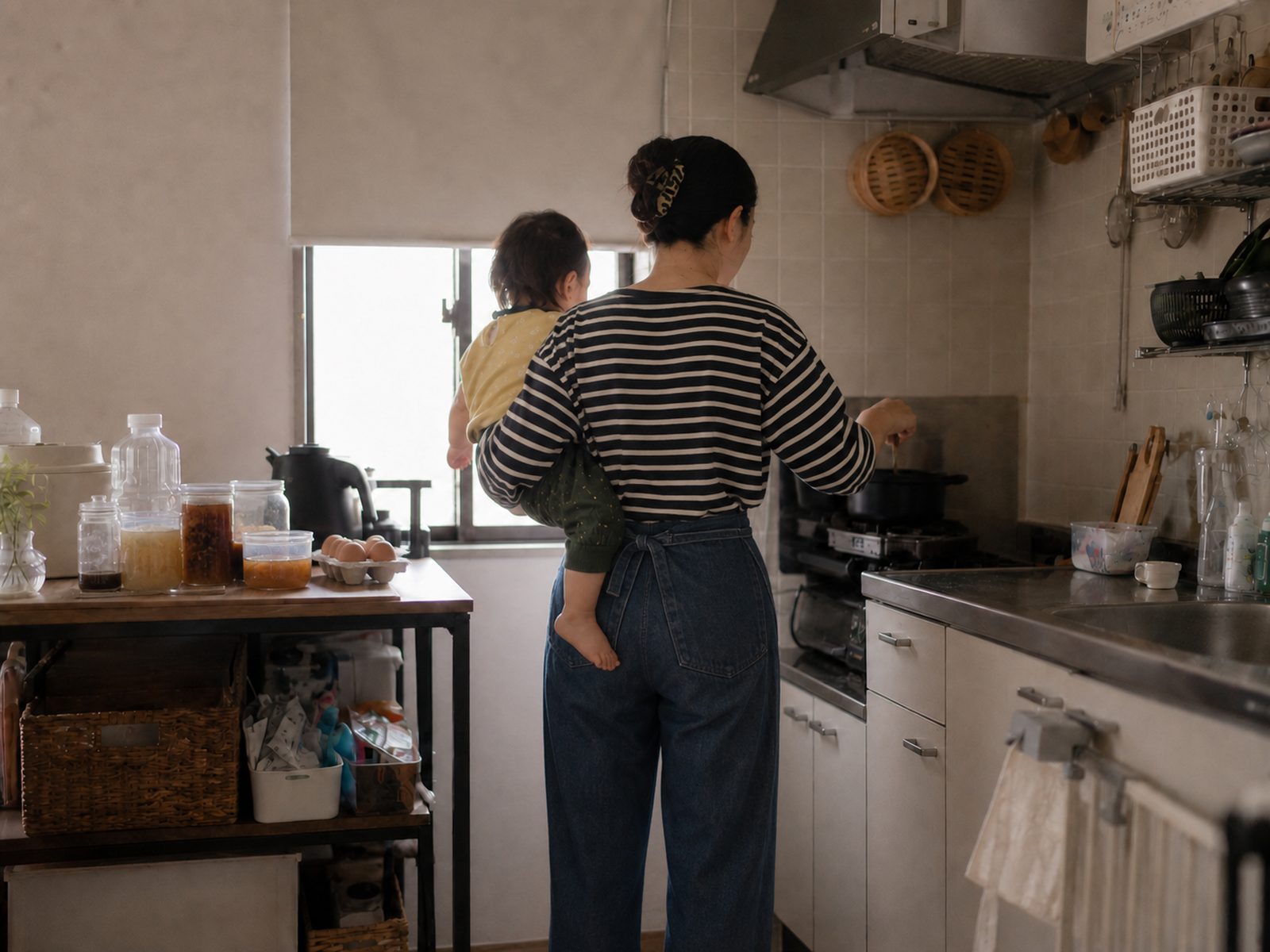 子どもを抱っこしながらキッチンで料理するちーの後ろ姿。左には発酵調味料の瓶と卵